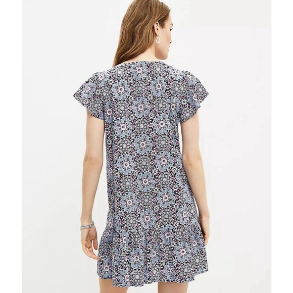 LOFT SP Dress Medallion Button Front Flutter Sleeve Blue Mandala Flounce V Neck - Picture 2 of 7